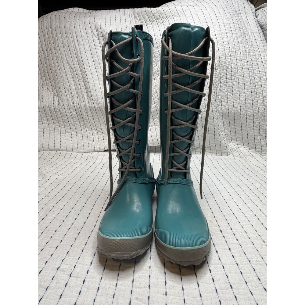 Bogs Womens Teal Blue Waterproof Lace Up Tall Rain Boots Rubber Outdoor Shoes